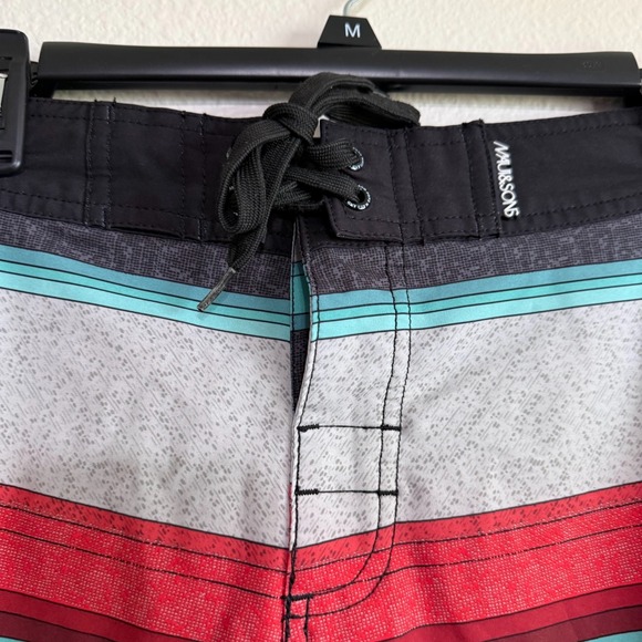 Maui & Sons Board Shorts Men's 36 Gray Striped Drawstring Swim Trunks Stretch - Picture 3 of 13